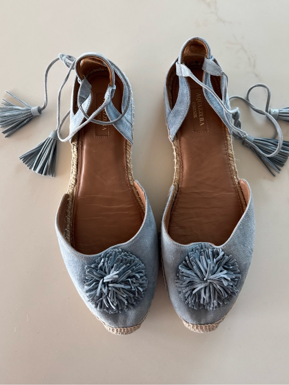 Aquazzura Blue Suede Pom Espadrilles Flat Sandals size 40.5